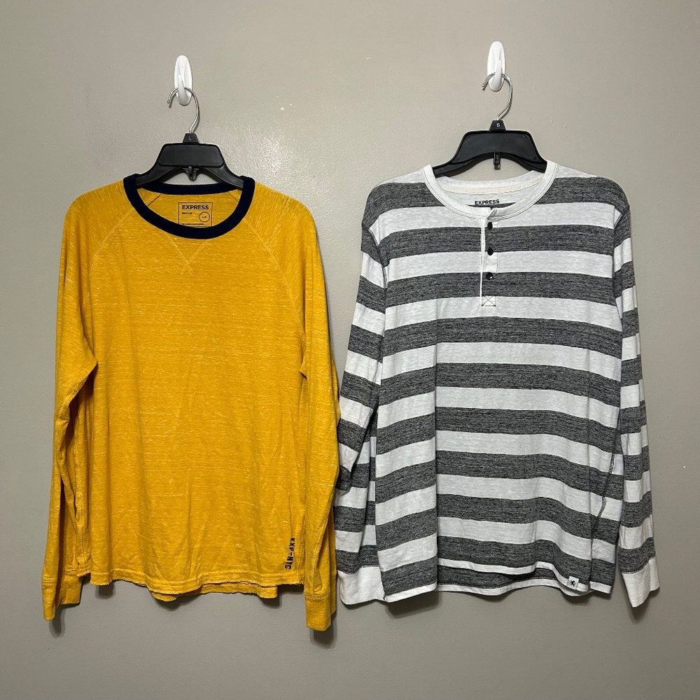 Express Men's Shirt Set L Long Sleeve Yellow White Gray Tee Henley Pullover Top